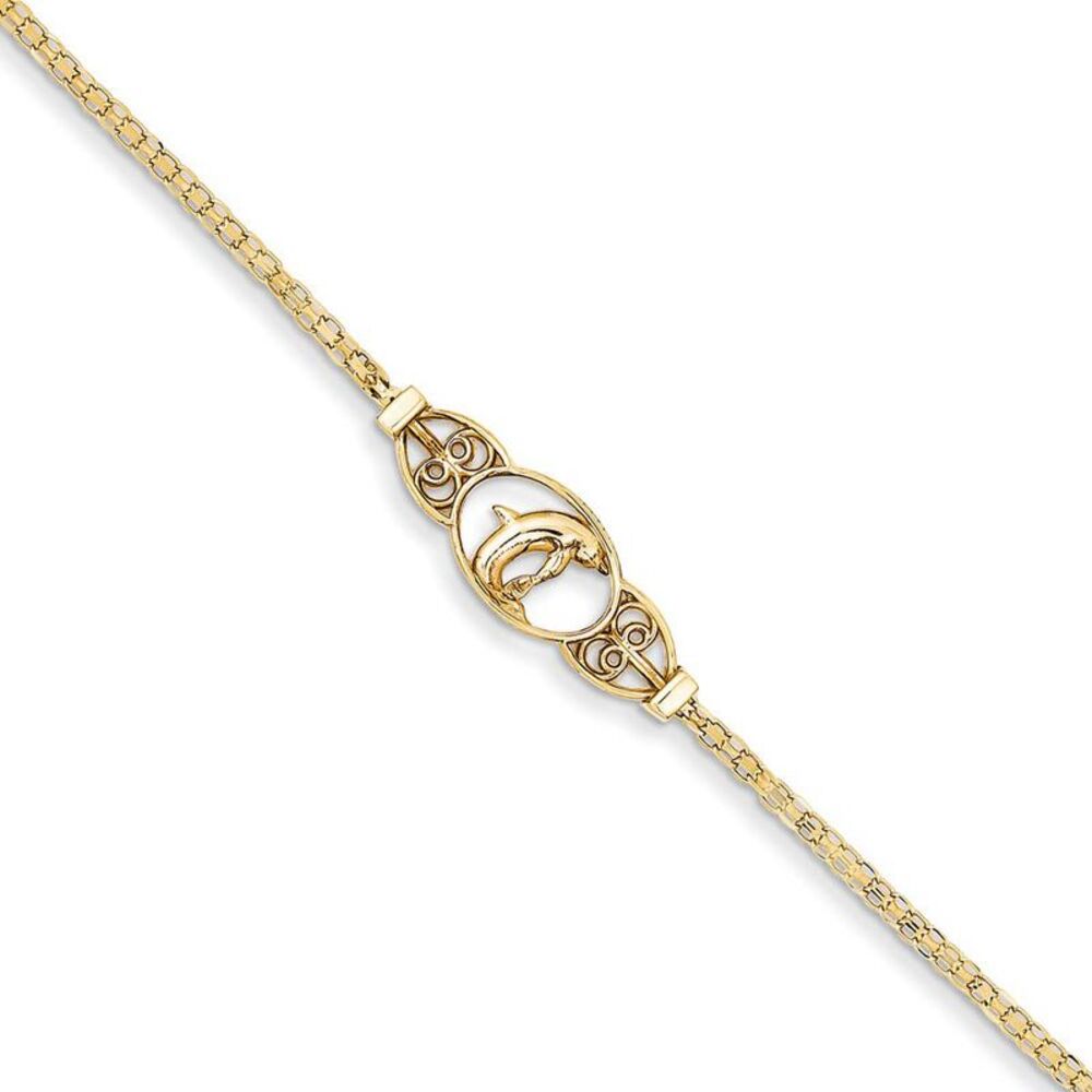 14k Gold Polished Dolphin Anklet, 10 inch